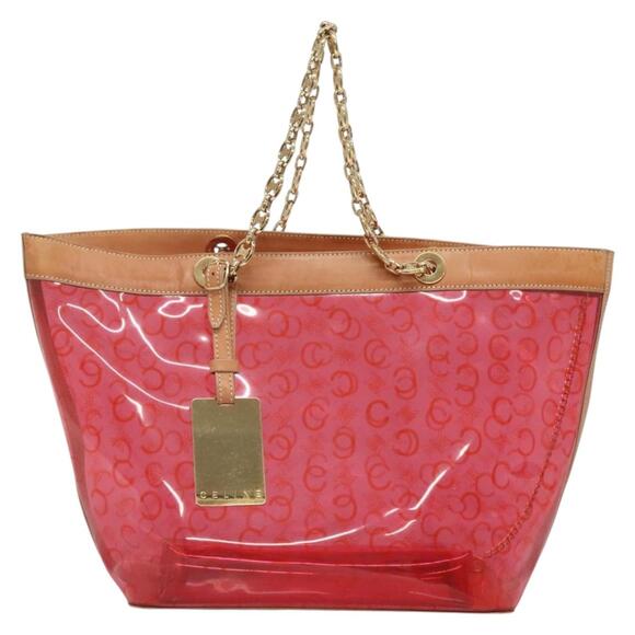 CELINE Chain C Macadam Canvas Tote Bag Vinyl Red Gold - Picture 2 of 13